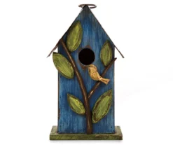 Blue Distressed Bird & Leaf Birdhouse