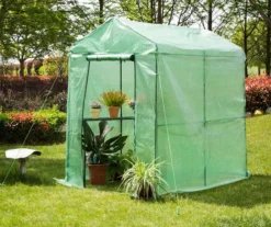 74.75" Green PE & Metal Single Shelf Walk-In Greenhouse