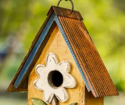 Yellow 2-Tier Flower Wood & Metal Birdhouse -Garden Oasis 810566430 4