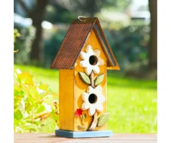 Yellow 2-Tier Flower Wood & Metal Birdhouse -Garden Oasis 810566430 6