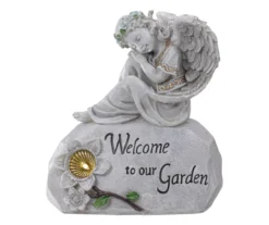 9.25" Welcome Angel On Rock Solar Garden Statuary