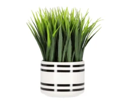 Artificial Grass In White & Black Stripe Ceramic Pot
