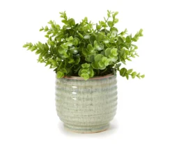 Artificial Greenery In Green Ribbed Ceramic Pot