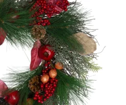 24" Green & Red Pine Berry Harvest Wreath -Garden Oasis 810590290 3