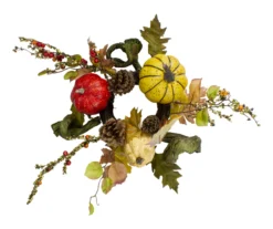 Yellow & Red Pumpkin & Foliage Harvest Wreath, (13")