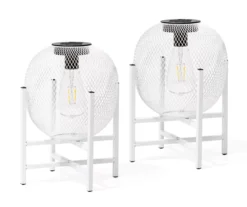 11.5" White Mesh Metal LED Solar Lanterns, 2-Pack