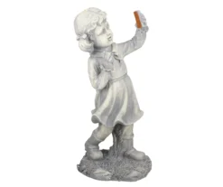 18" Gray Girl With Cell Phone LED Solar Statue