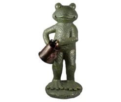 17" Gold Verdigris Watering Can Frog Statue